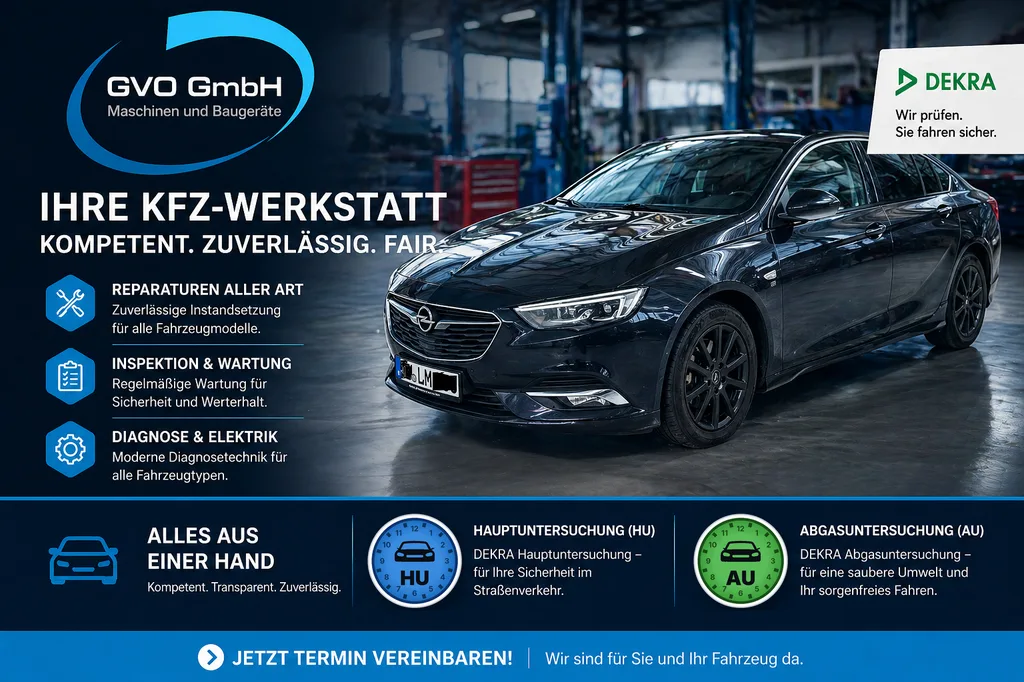Plakat der GVO GmbH: KFZ-Werkstatt, HU und AU mit DEKRA