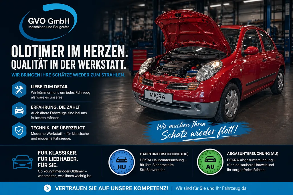 Plakat der GVO GmbH: KFZ-Werkstatt, HU und AU mit DEKRA